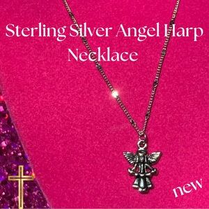 Sterling Silver 925 Angel Harp Sparkle Necklace Religion Jewelry Catholic Church